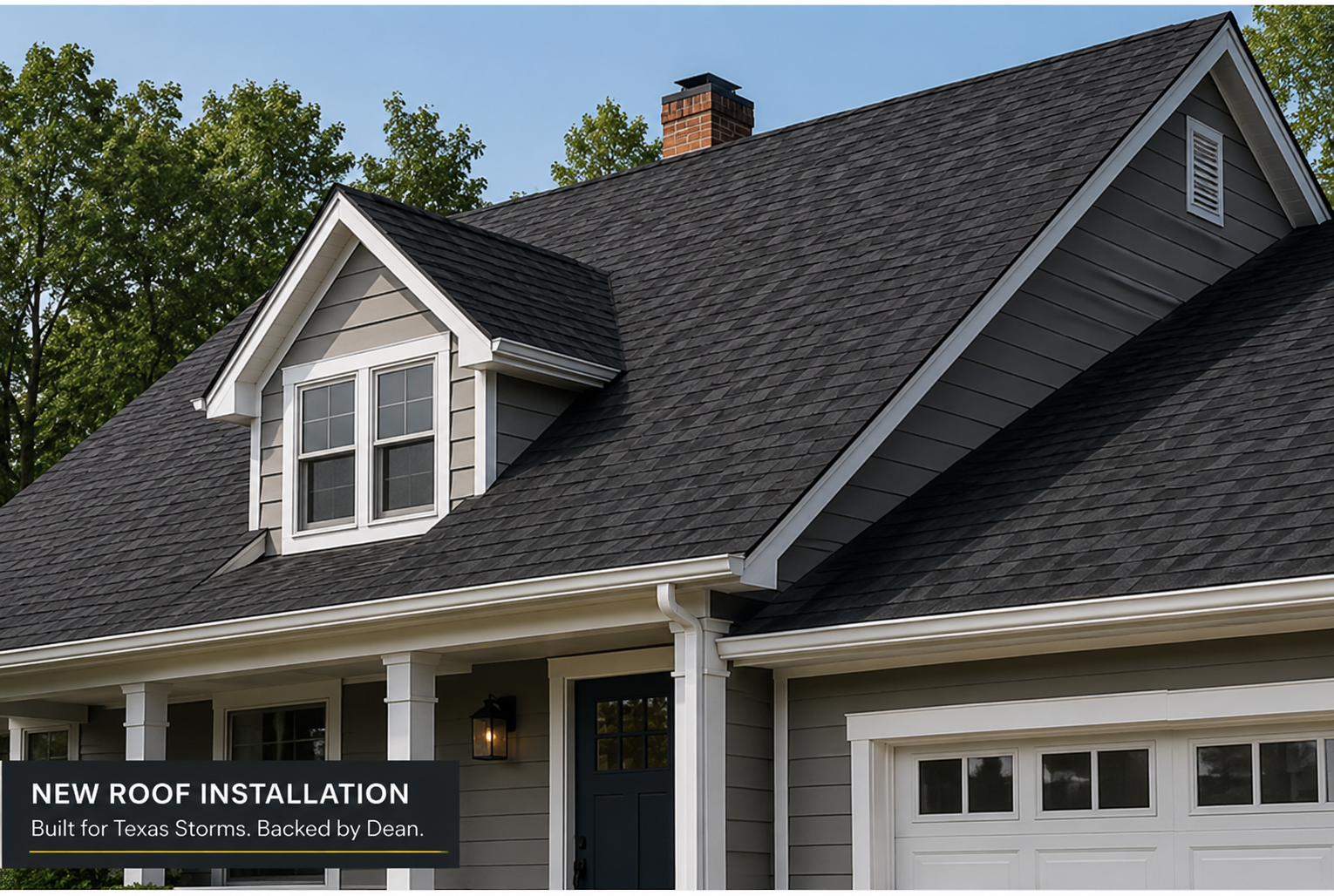 New asphalt shingle roof installation on a gray craftsman home